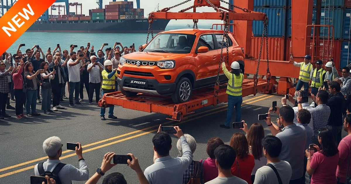 Maruti Suzuki S-Presso 2025 is being carefully loaded onto a cargo ship by a large crane at a bustling port. A crowd of onlookers is gathered on the roadside, many holding up their smartphones to take pictures of the car as it is hoisted aboard.